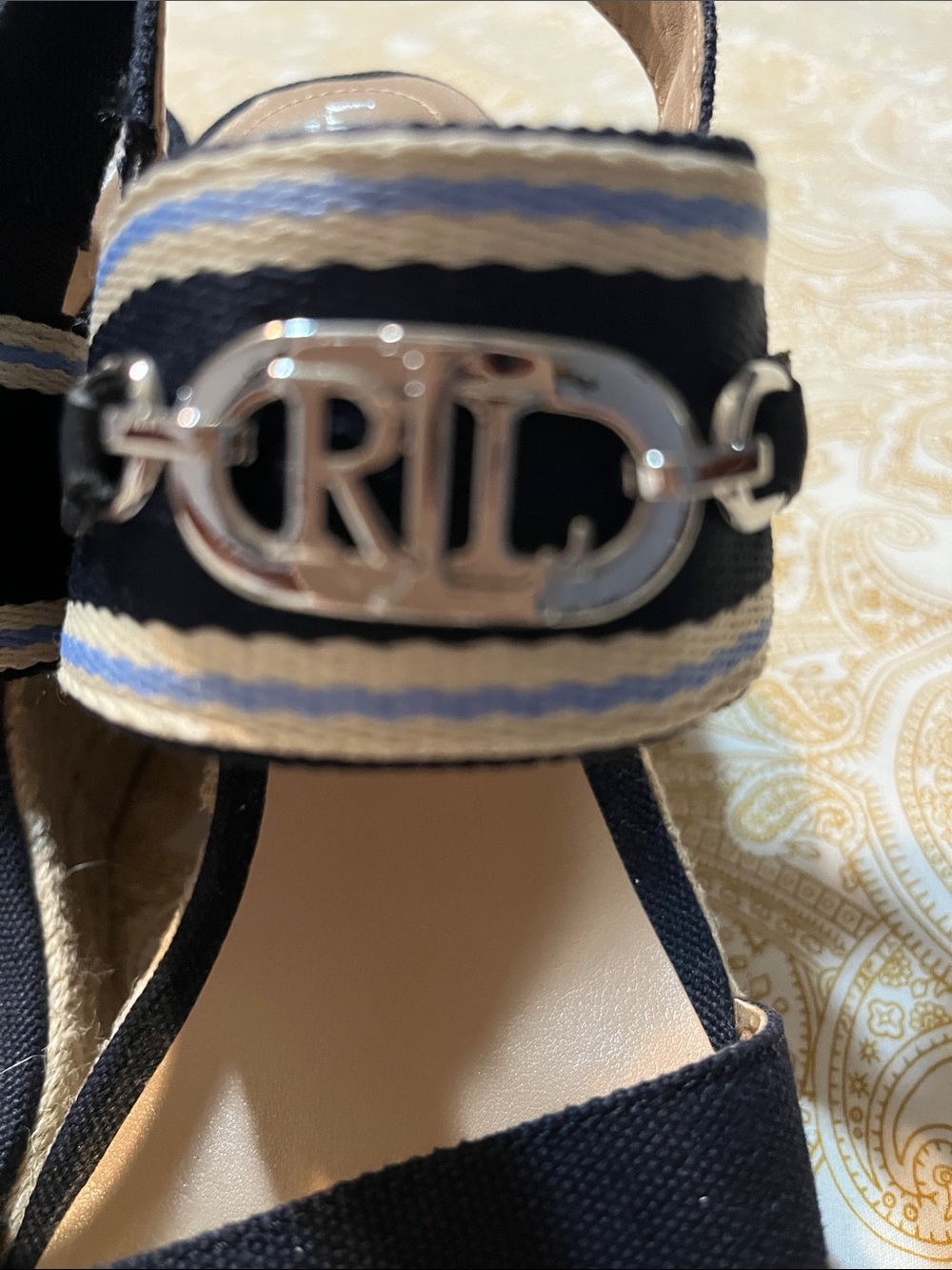 Lauren Ralph Lauren Navy Espadrille Wedge Sandals with Silver Logo Trim - Picture 3 of 9